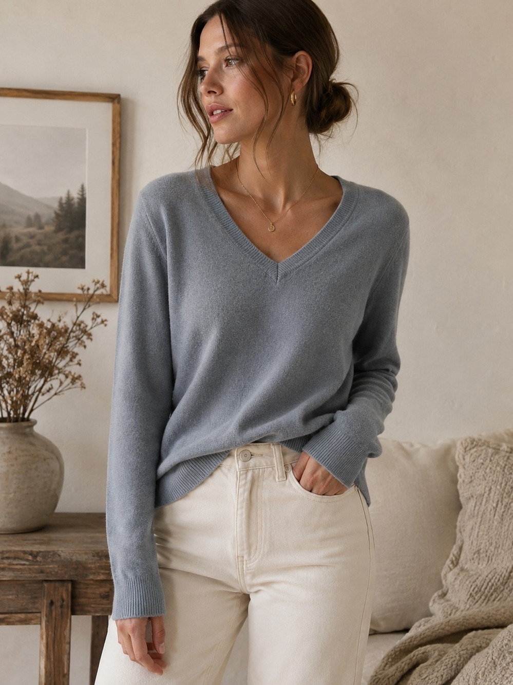 Quince 100% Cashmere V-Neck Sweater Blue Gray Long Sleeve Size S
